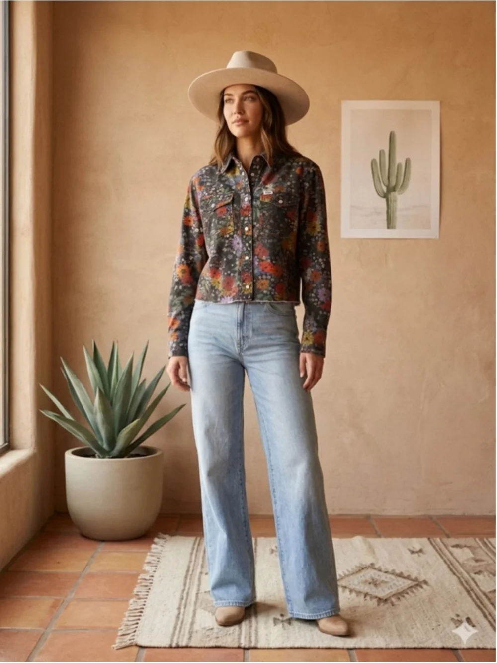 Wrangler Western Floral Raw Hem Cropped Denim Shirt - Picture 2 of 12